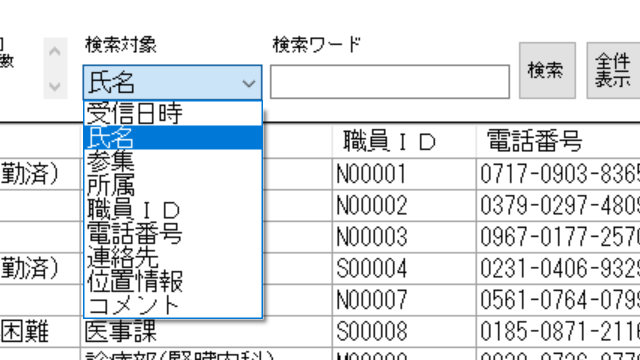 絞込対象項目のドロップダウンメニュー例